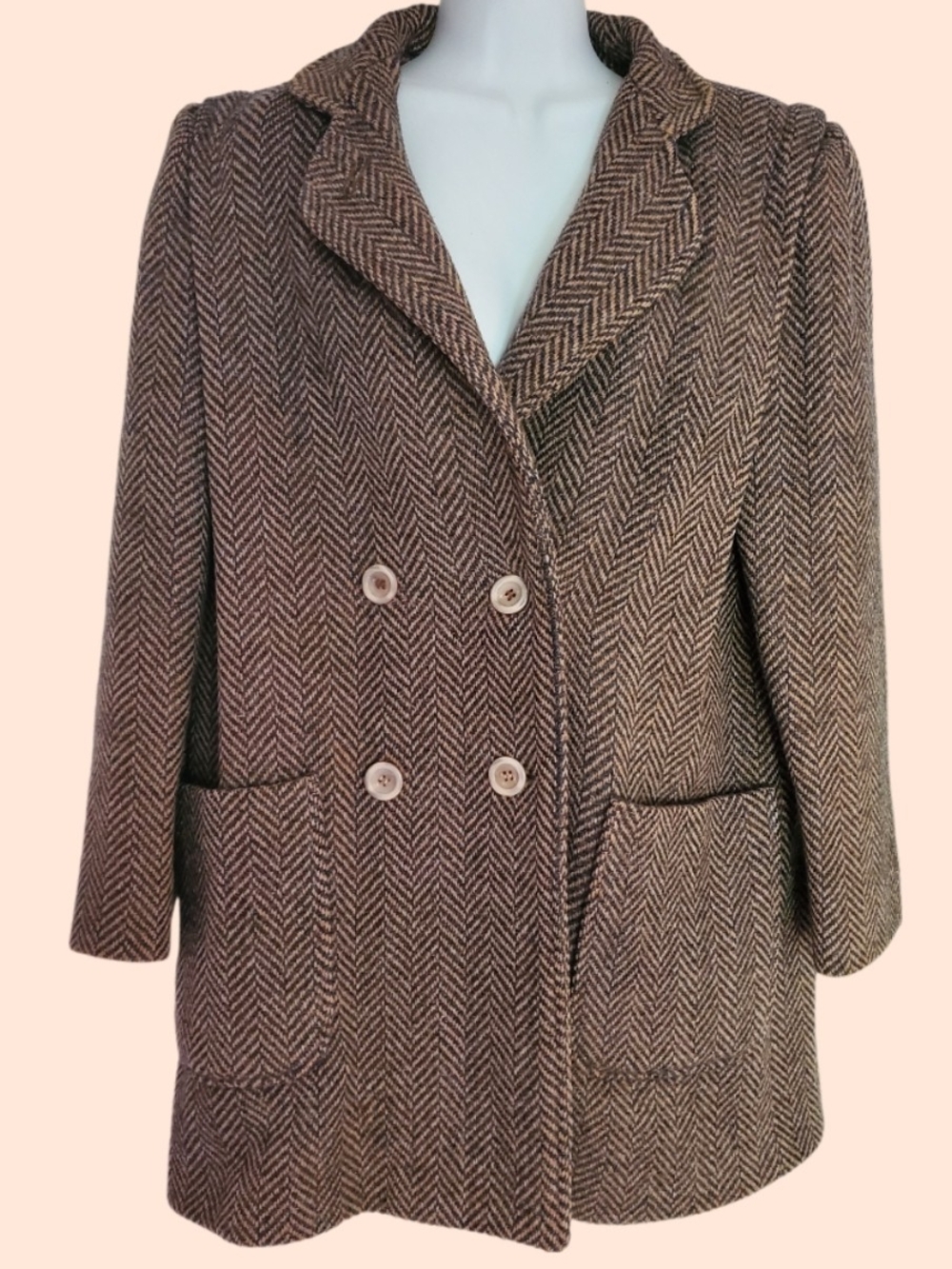Brown Herringbone Double-Breasted Pea Coat